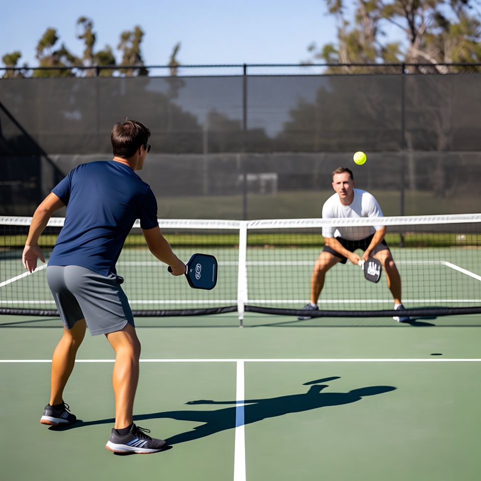 Two men playing pickleball outdoors Two men playing pickleball outdoors