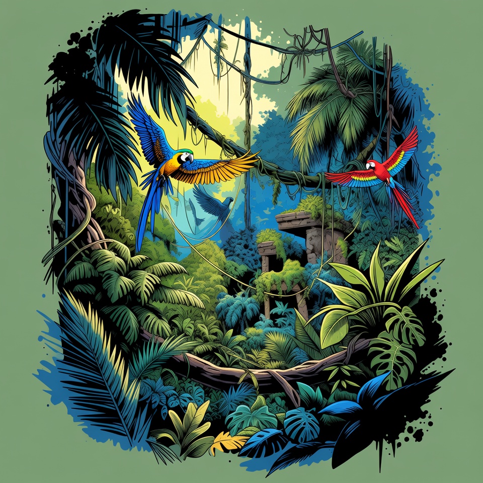 Colorful Parrots Flying in Jungle Colorful Parrots Flying in Jungle