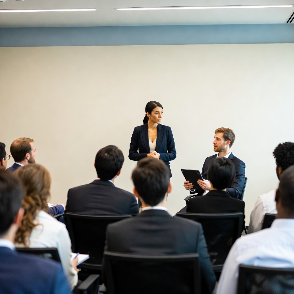 Woman leading diverse business meeting Woman leading diverse business meeting