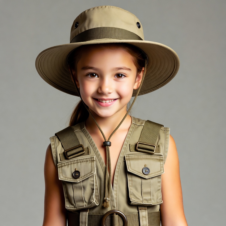 Girl in khaki explorer hat vest Girl in khaki explorer hat vest