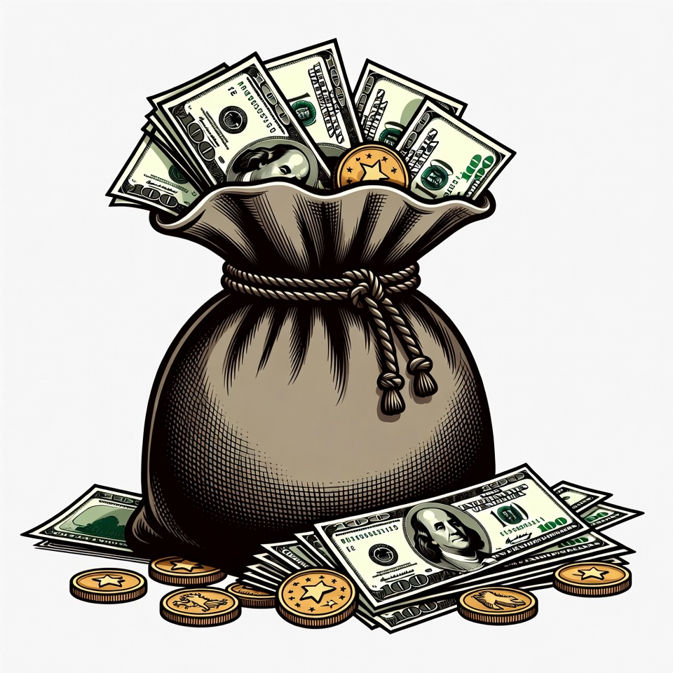 Money Bag Overflowing with Dollars and Coins Money Bag Overflowing with Dollars and Coins