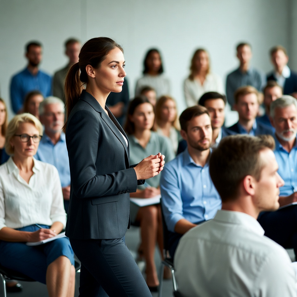 Woman presenting to business audience Woman presenting to business audience