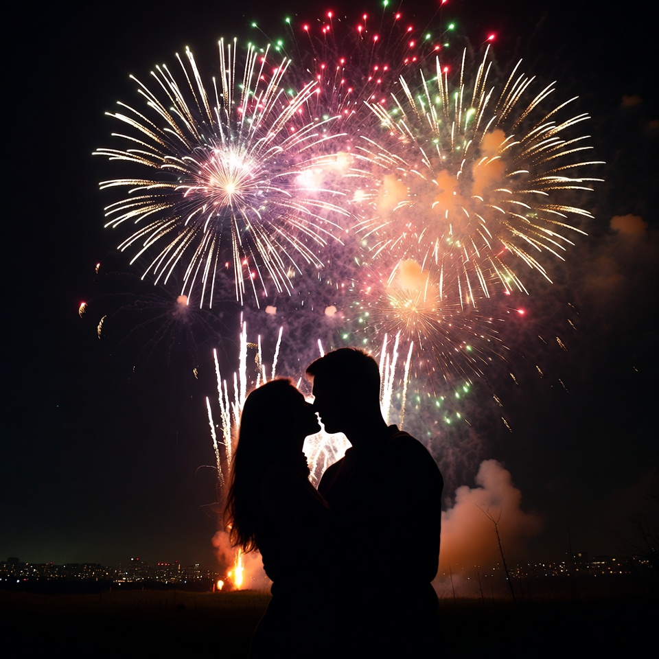 Silhouette couple kissing during fireworks Silhouette couple kissing during fireworks
