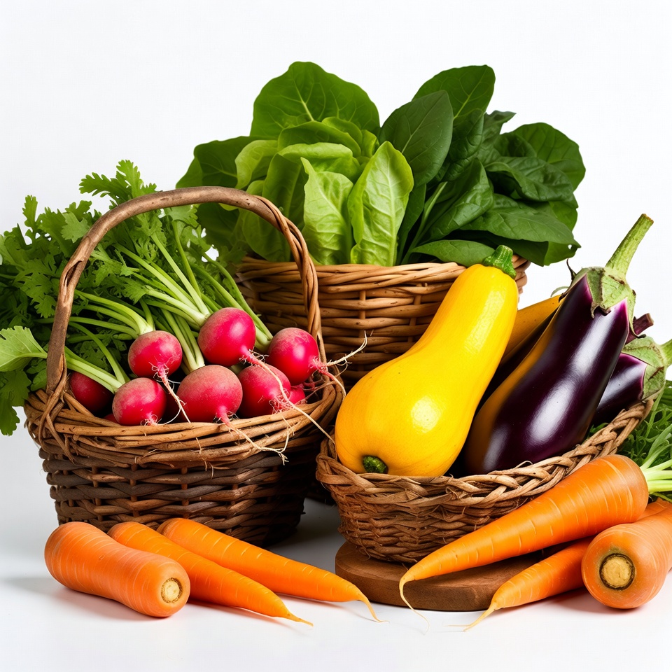 Fresh vegetables in wicker baskets Fresh vegetables in wicker baskets