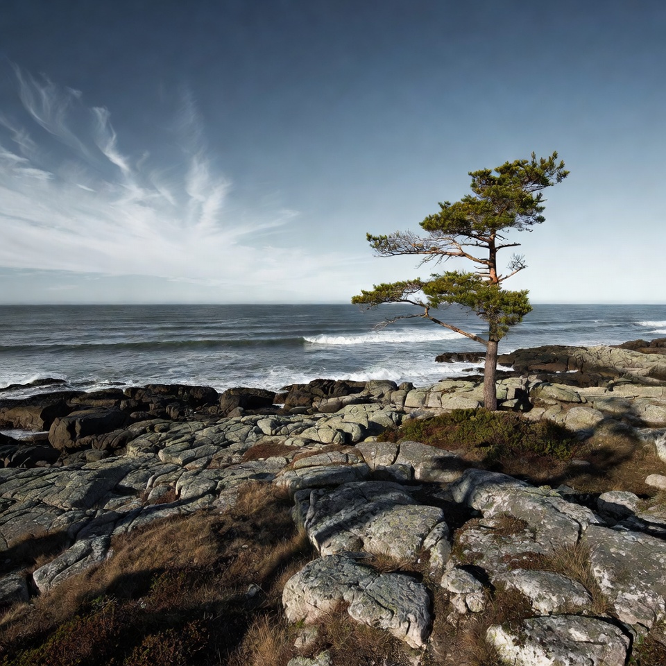 Solitary pine tree on rocky ocean coast Solitary pine tree on rocky ocean coast