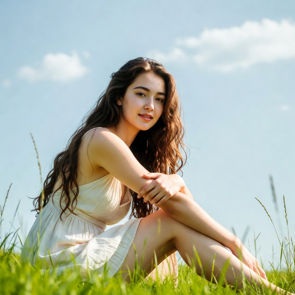 Young woman sitting in grass field Young woman sitting in grass field
