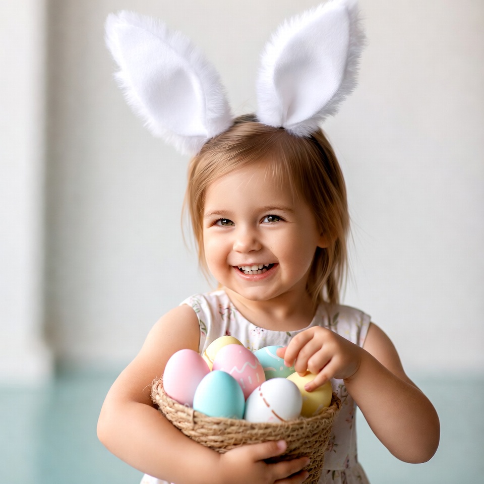 Girl with bunny ears holding Easter eggs Girl with bunny ears holding Easter eggs
