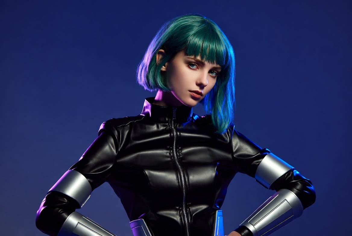 Woman in black futuristic jacket with teal hair Woman in black futuristic jacket with teal hair