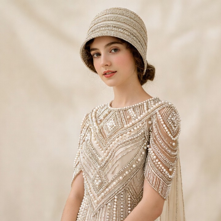 Woman in Beaded Flapper Dress and Cloche Hat Woman in Beaded Flapper Dress and Cloche Hat