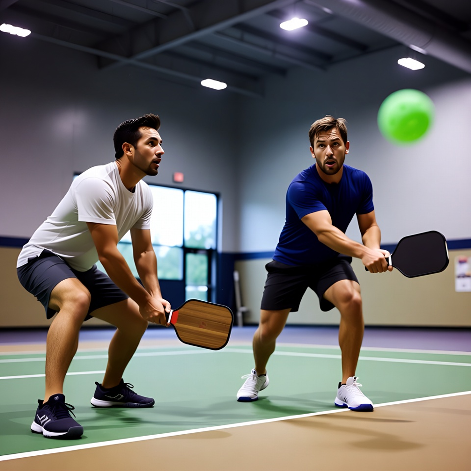Two men playing pickleball indoors Two men playing pickleball indoors