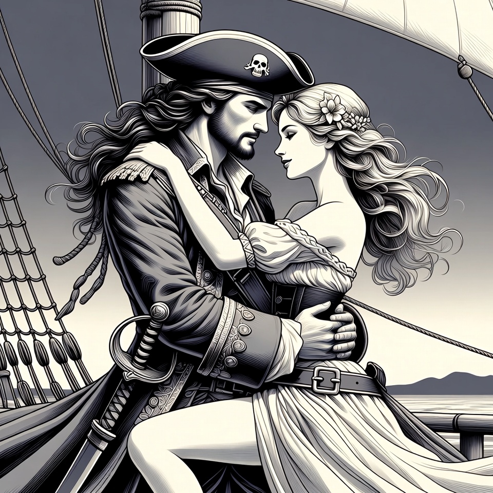 Pirate embracing woman on ship Pirate embracing woman on ship