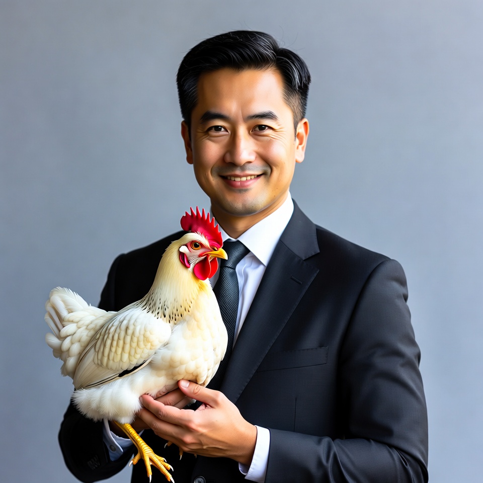 Asian man holding white chicken Asian man holding white chicken