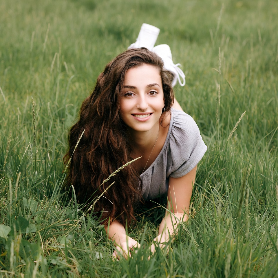 Smiling woman lying in green grass Smiling woman lying in green grass