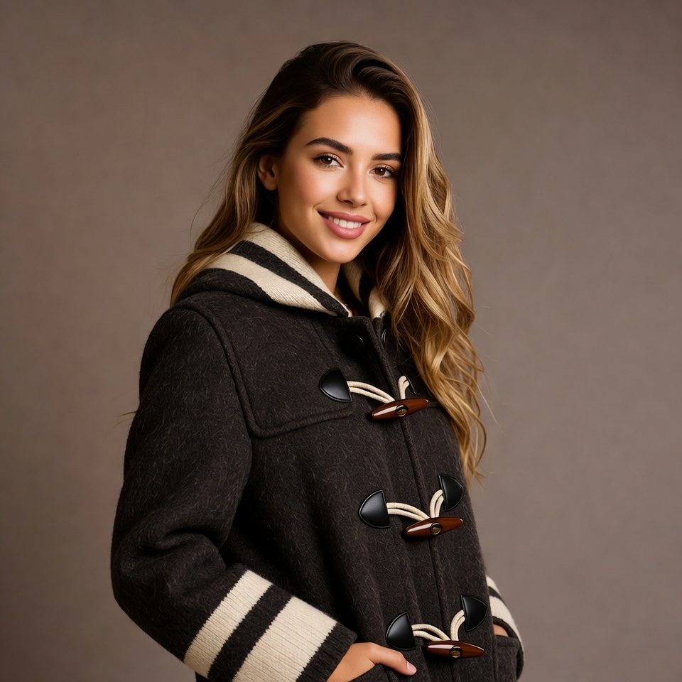 Smiling woman in hooded coat Smiling woman in hooded coat