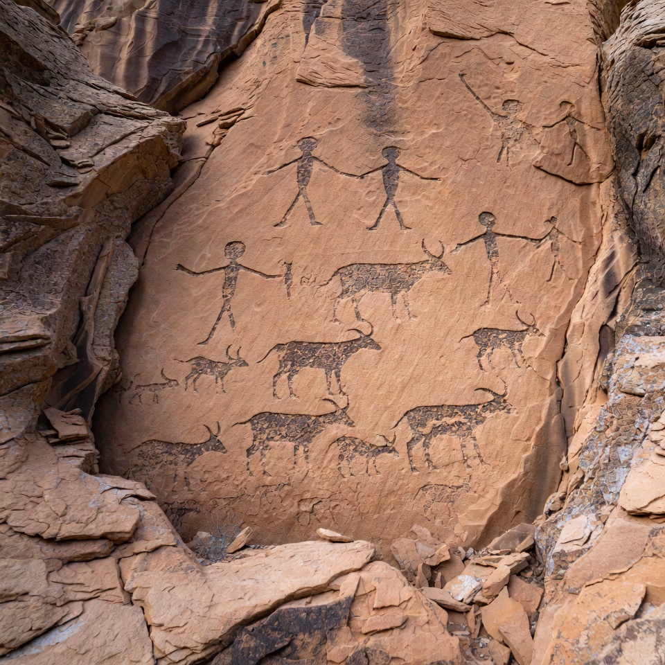 Ancient rock art with humans and animals Ancient rock art with humans and animals