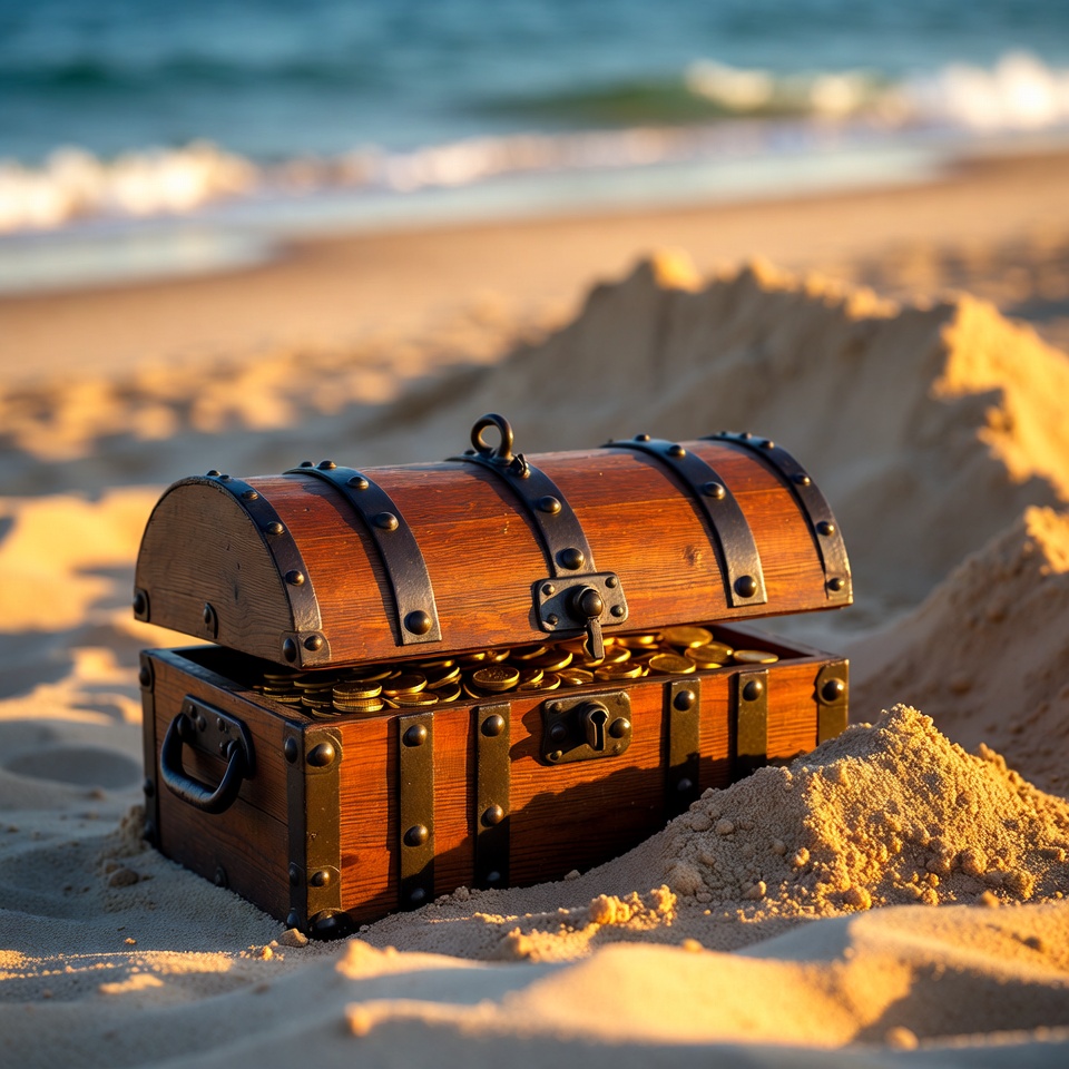 Open treasure chest on beach Open treasure chest on beach