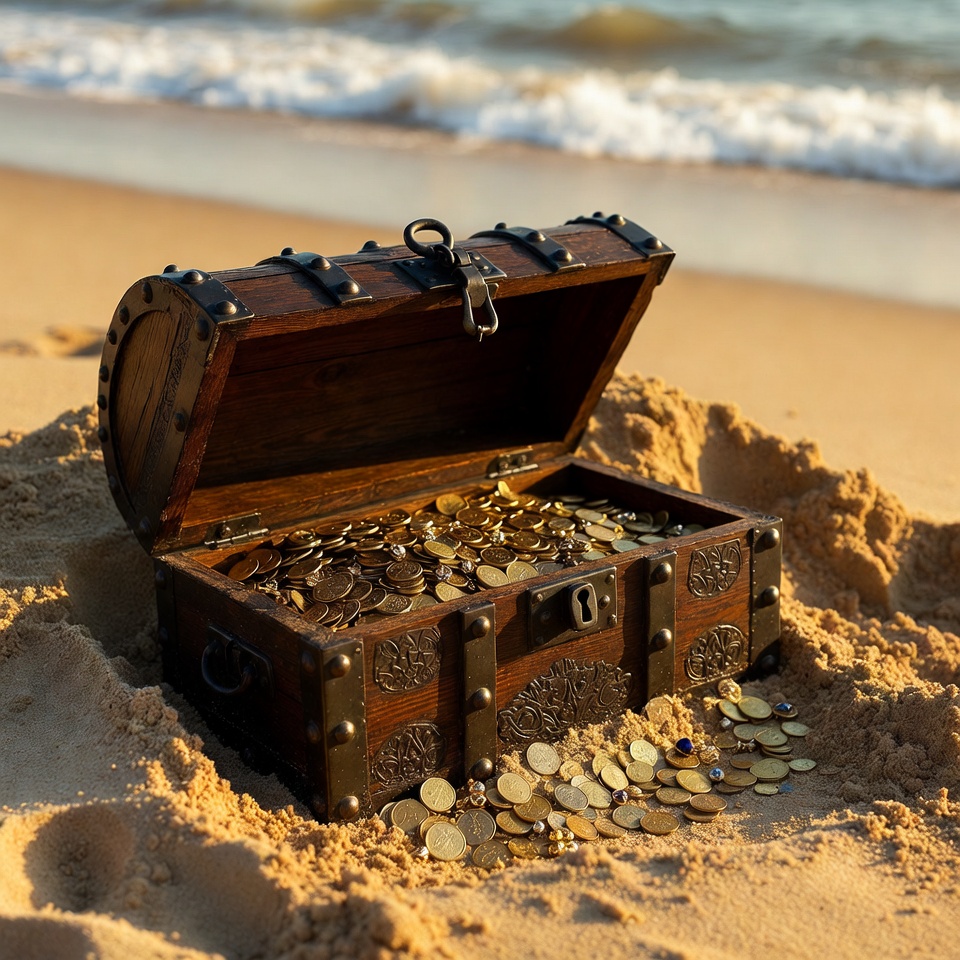 Open Treasure Chest on Beach Open Treasure Chest on Beach