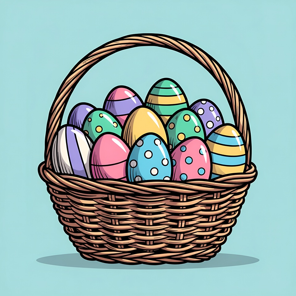 Colorful Easter Eggs in Wicker Basket Colorful Easter Eggs in Wicker Basket