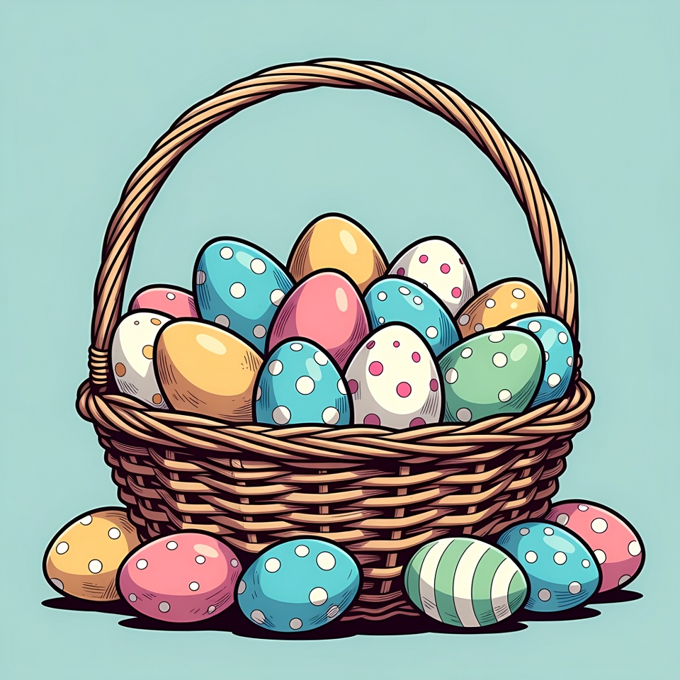 Colorful Easter Eggs in Wicker Basket Colorful Easter Eggs in Wicker Basket