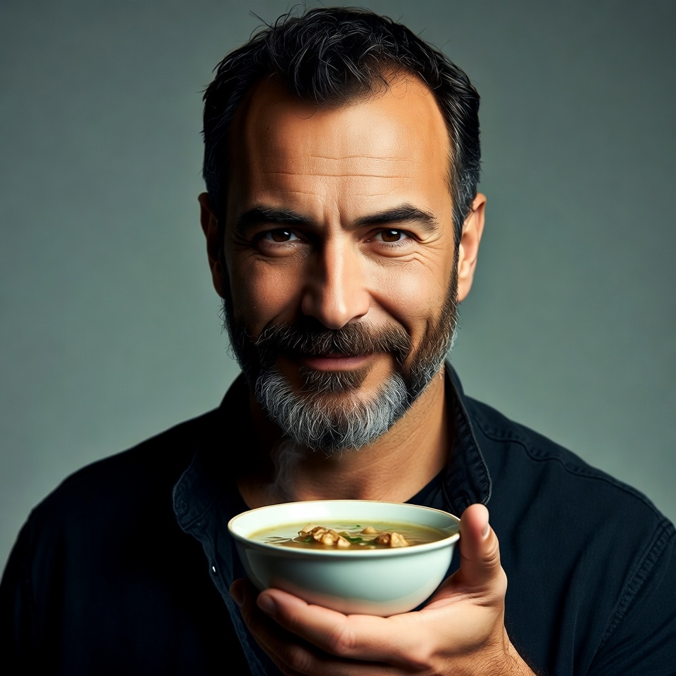 Man holding bowl of green soup Man holding bowl of green soup