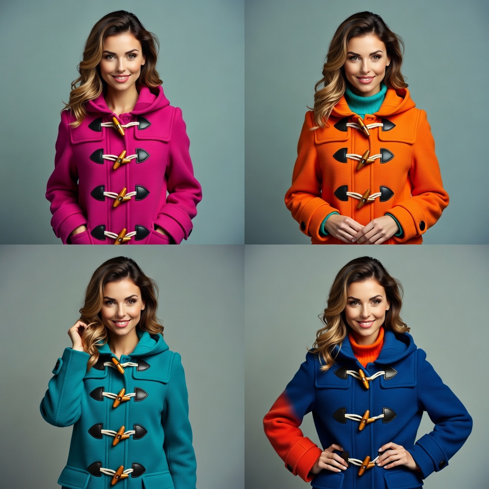 Woman in colorful toggle hood coats Woman in colorful toggle hood coats