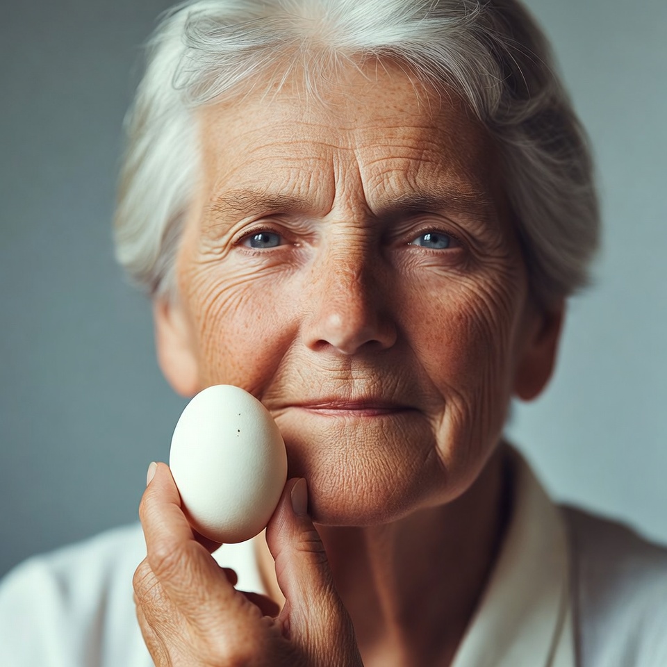 Elderly woman holding white egg Elderly woman holding white egg