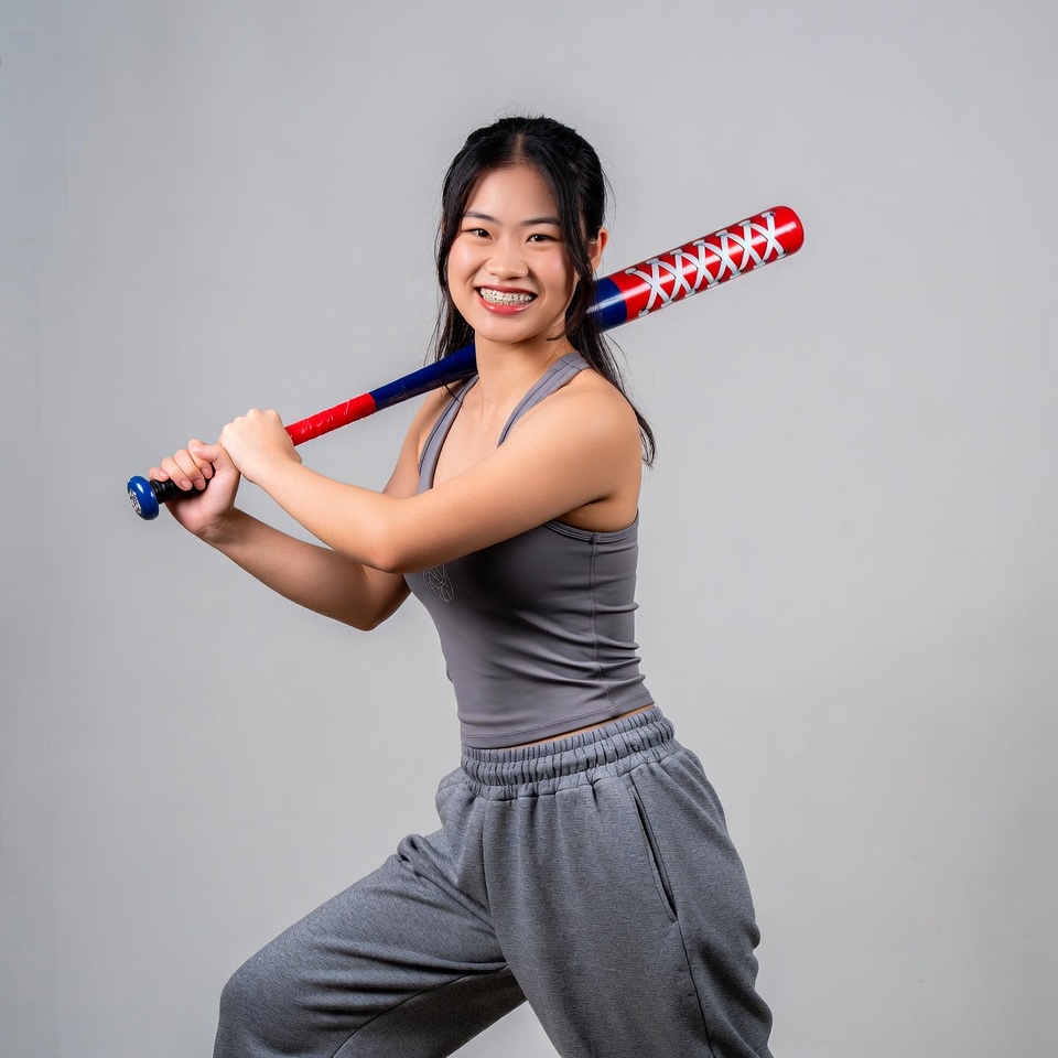 Asian girl swinging baseball bat Asian girl swinging baseball bat