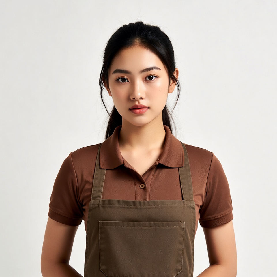 Asian woman in brown apron Asian woman in brown apron