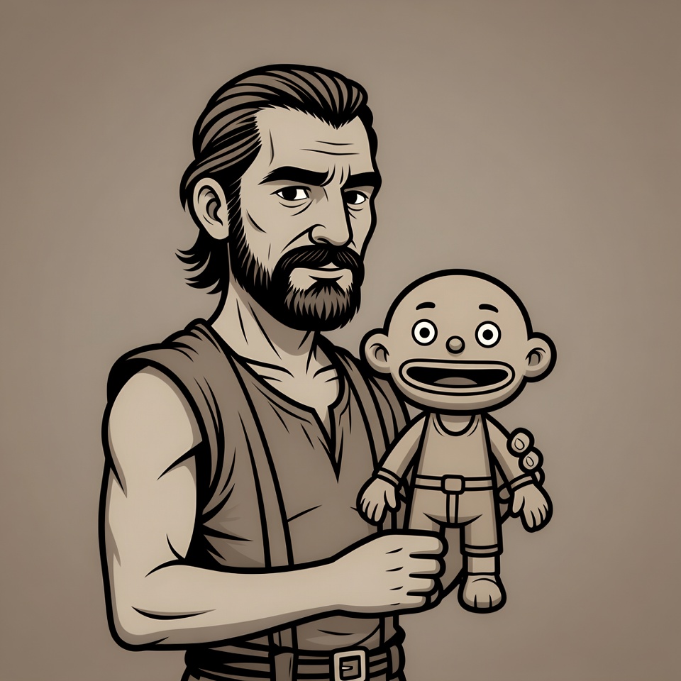 Man holding cartoon baby doll Man holding cartoon baby doll