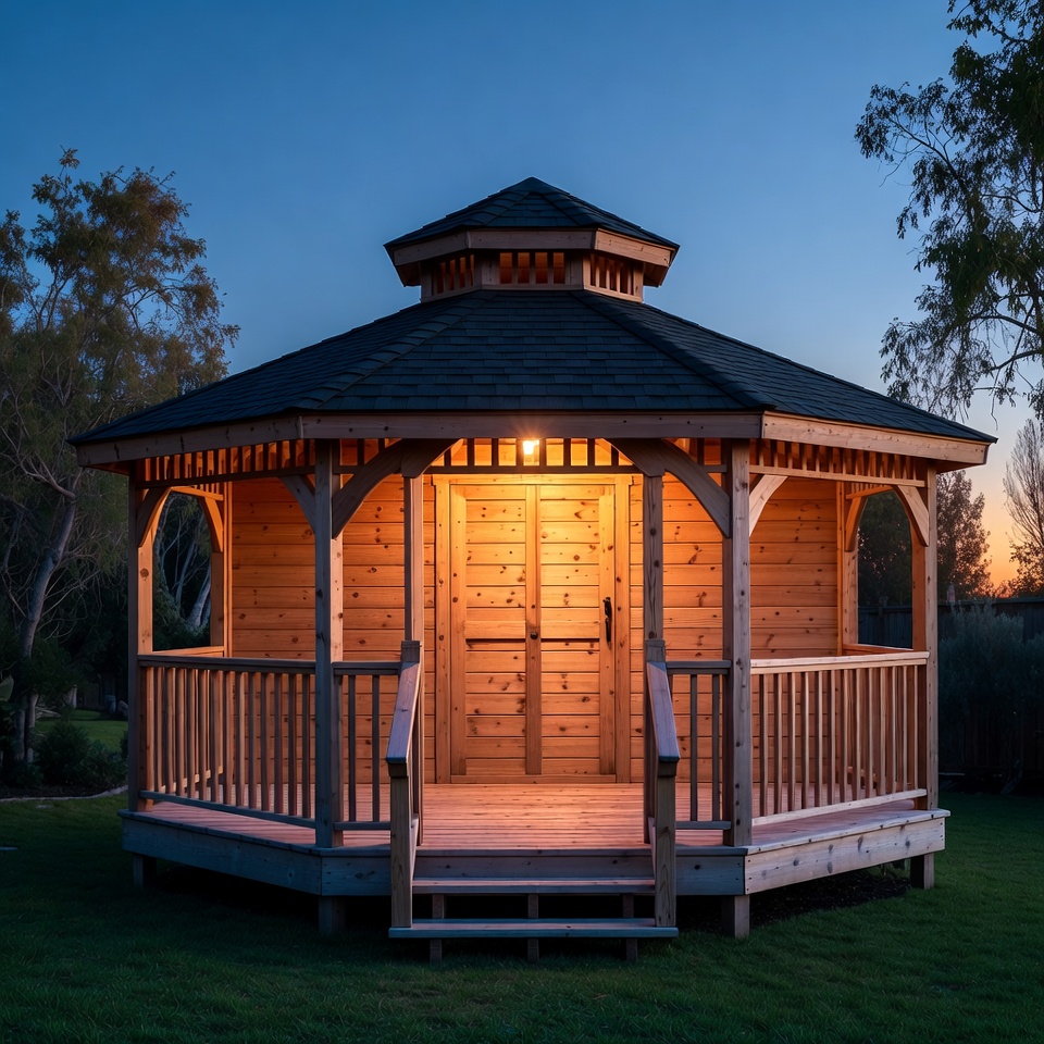 Octagonal Wooden Gazebo at Dusk Octagonal Wooden Gazebo at Dusk