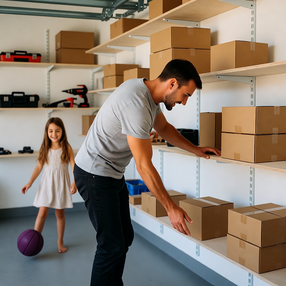 Father and daughter in garage with boxes Father and daughter in garage with boxes