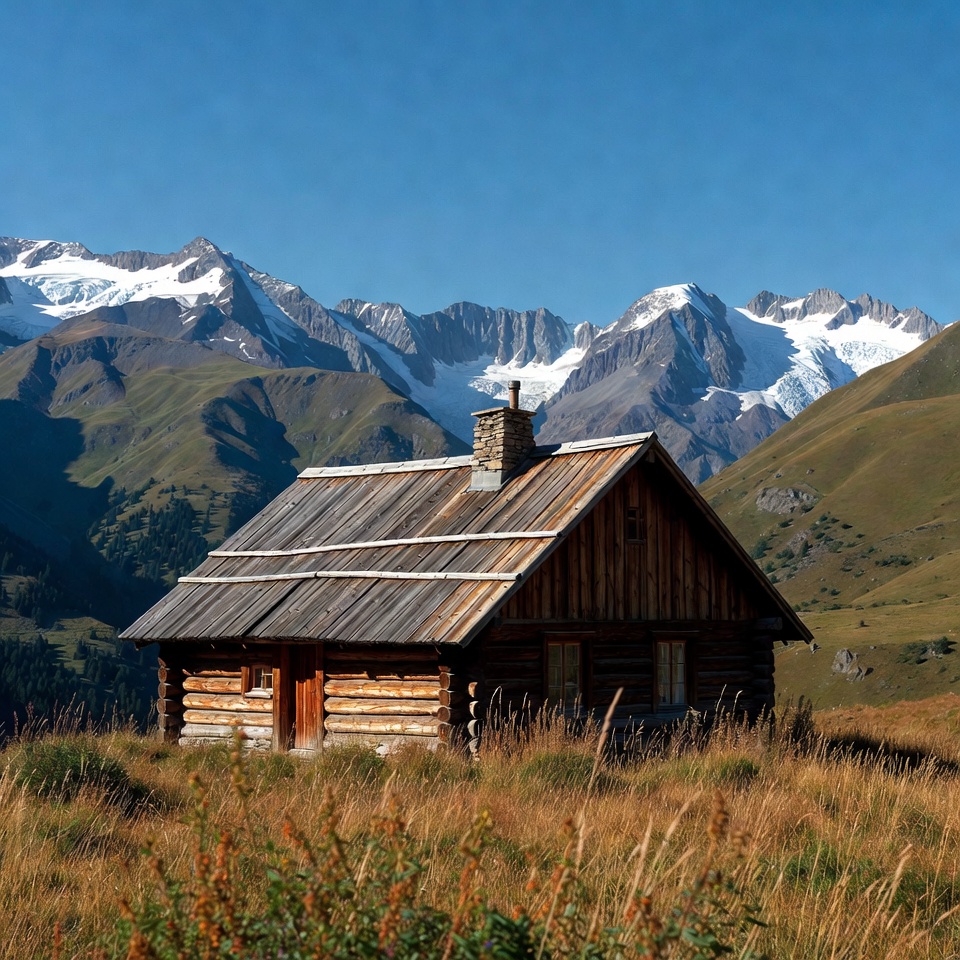 Log cabin in snowy mountains Log cabin in snowy mountains