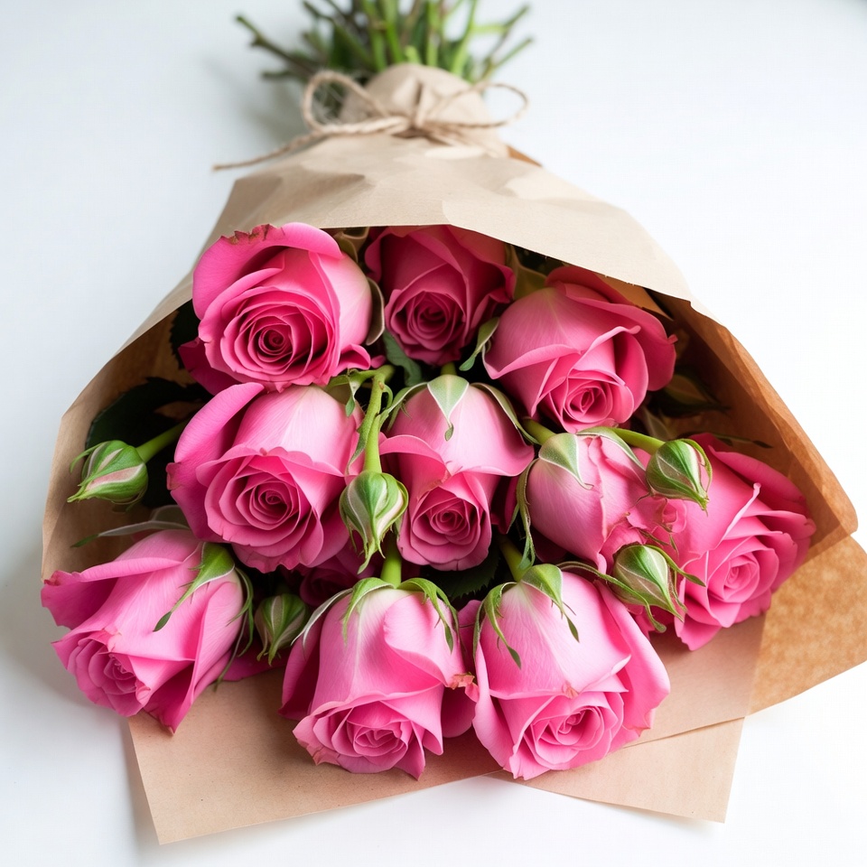Pink Roses Bouquet in Brown Paper Pink Roses Bouquet in Brown Paper