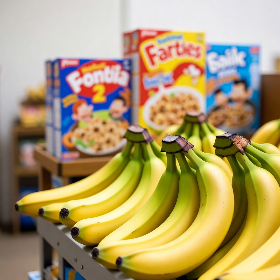 Bananas with Fartblies and Snilk cereal boxes Bananas with Fartblies and Snilk cereal boxes