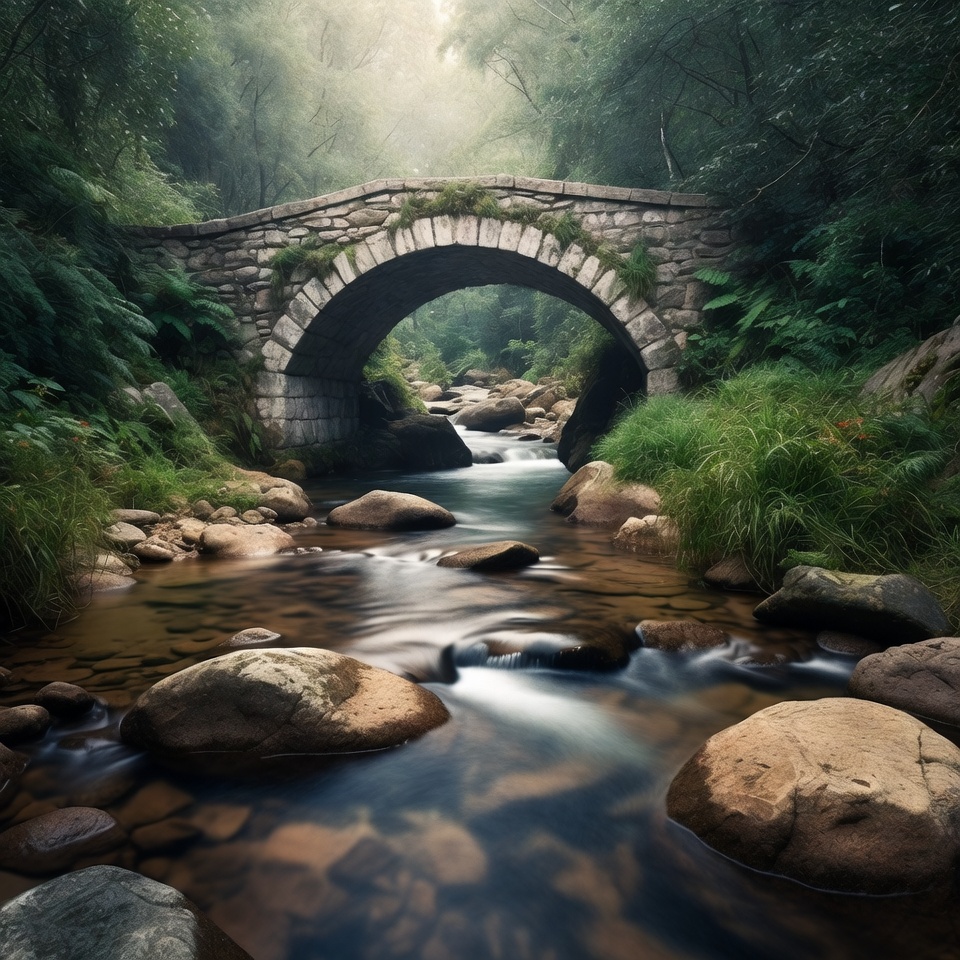 Stone Arch Bridge Over Forest Stream Stone Arch Bridge Over Forest Stream