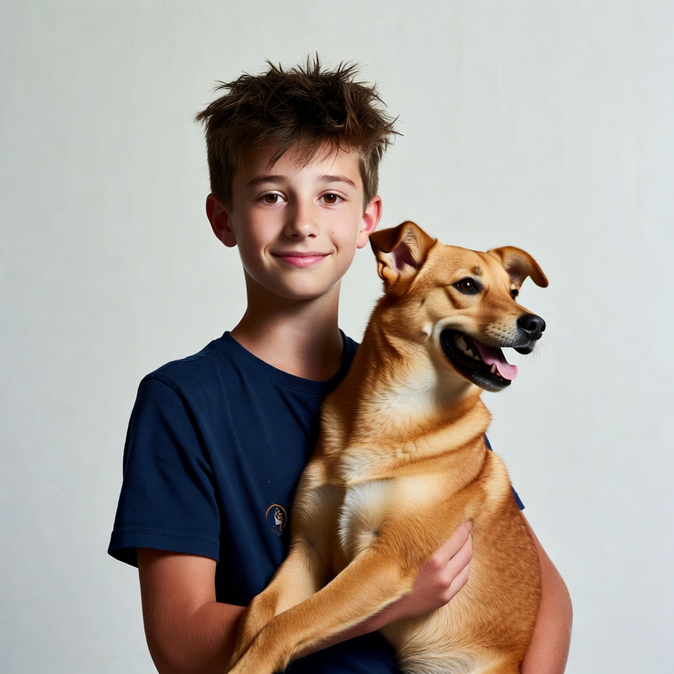 Boy holding smiling dog Boy holding smiling dog