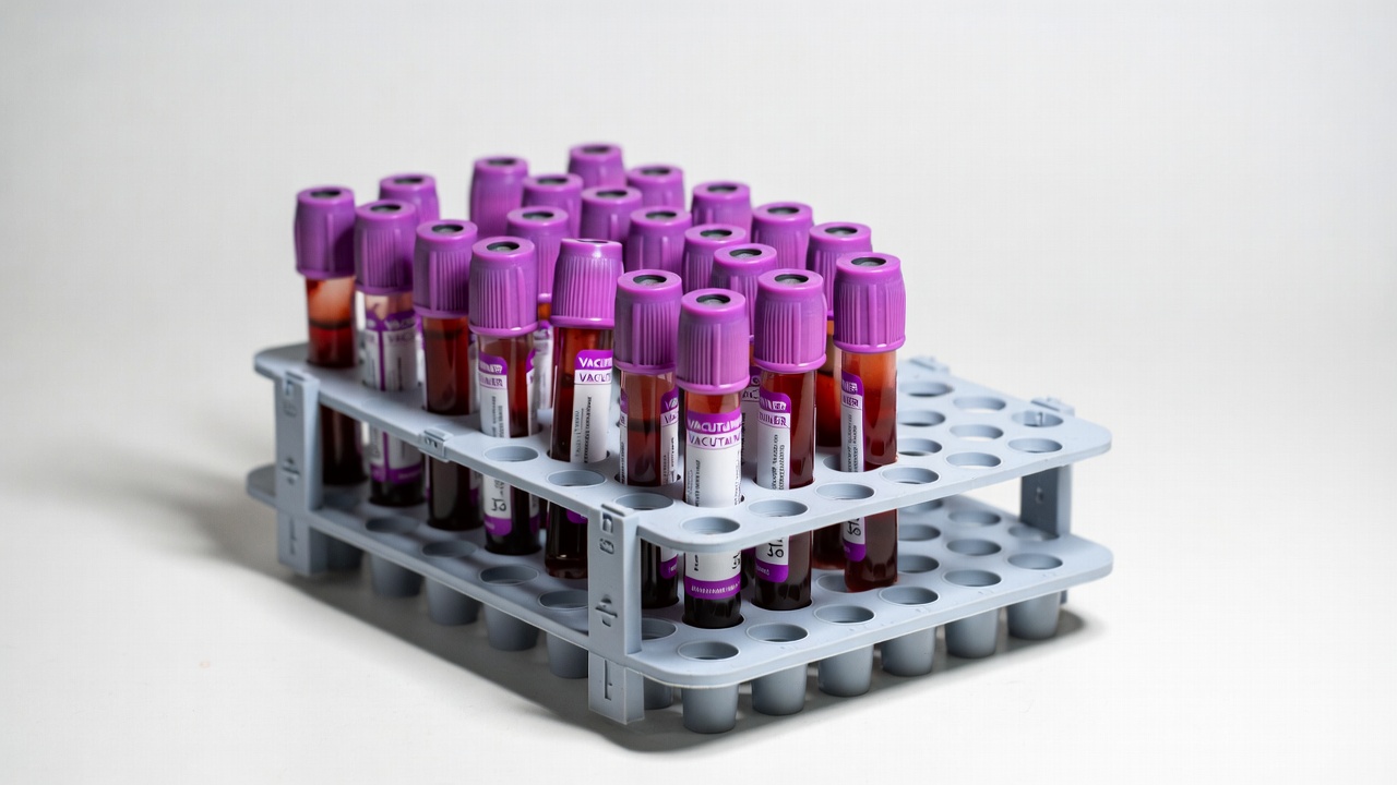 Purple-top blood tubes in rack Purple-top blood tubes in rack