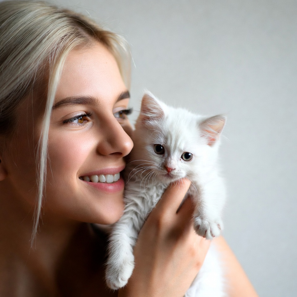 Blonde woman holding white kitten Blonde woman holding white kitten