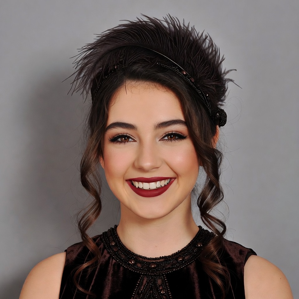 Woman with feathered headband smiling Woman with feathered headband smiling