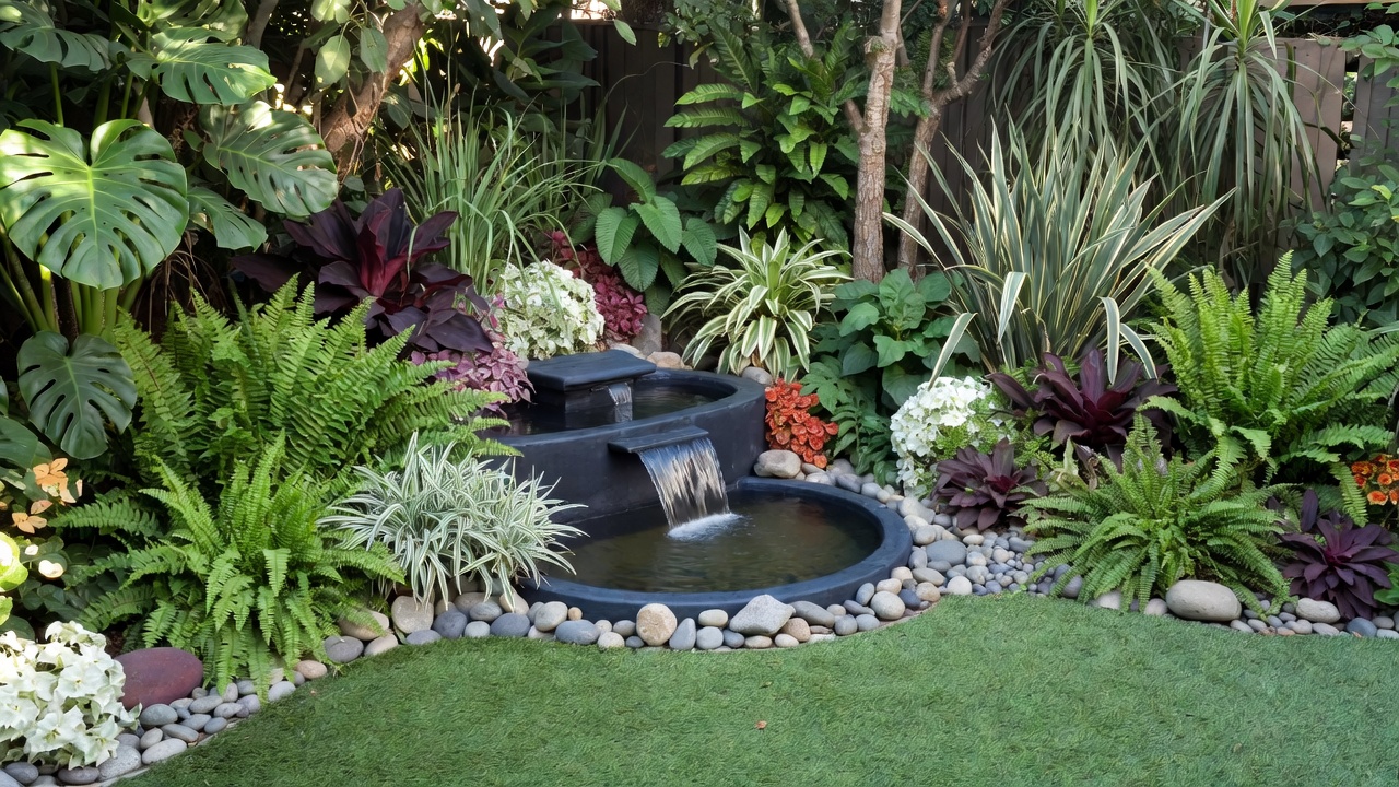 Garden Water Fountain with Tropical Plants Garden Water Fountain with Tropical Plants