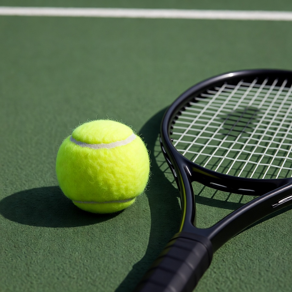 Tennis racket and ball on court Tennis racket and ball on court