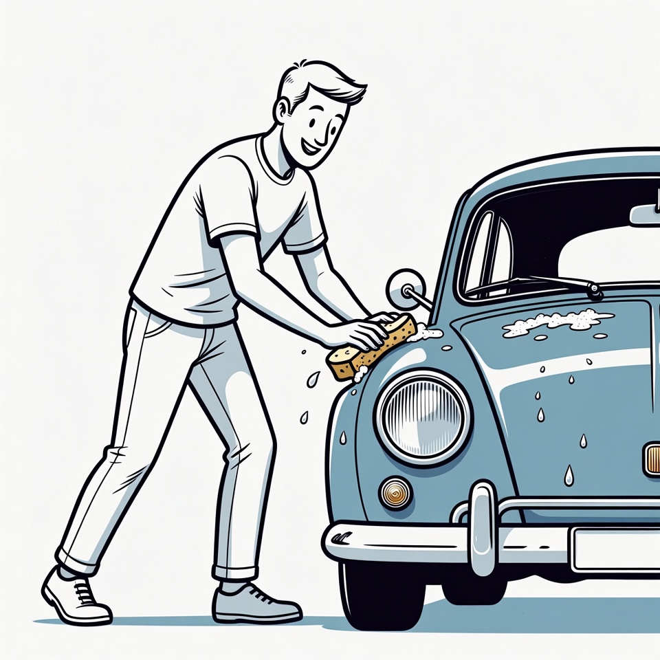Man washing classic car illustration Man washing classic car illustration