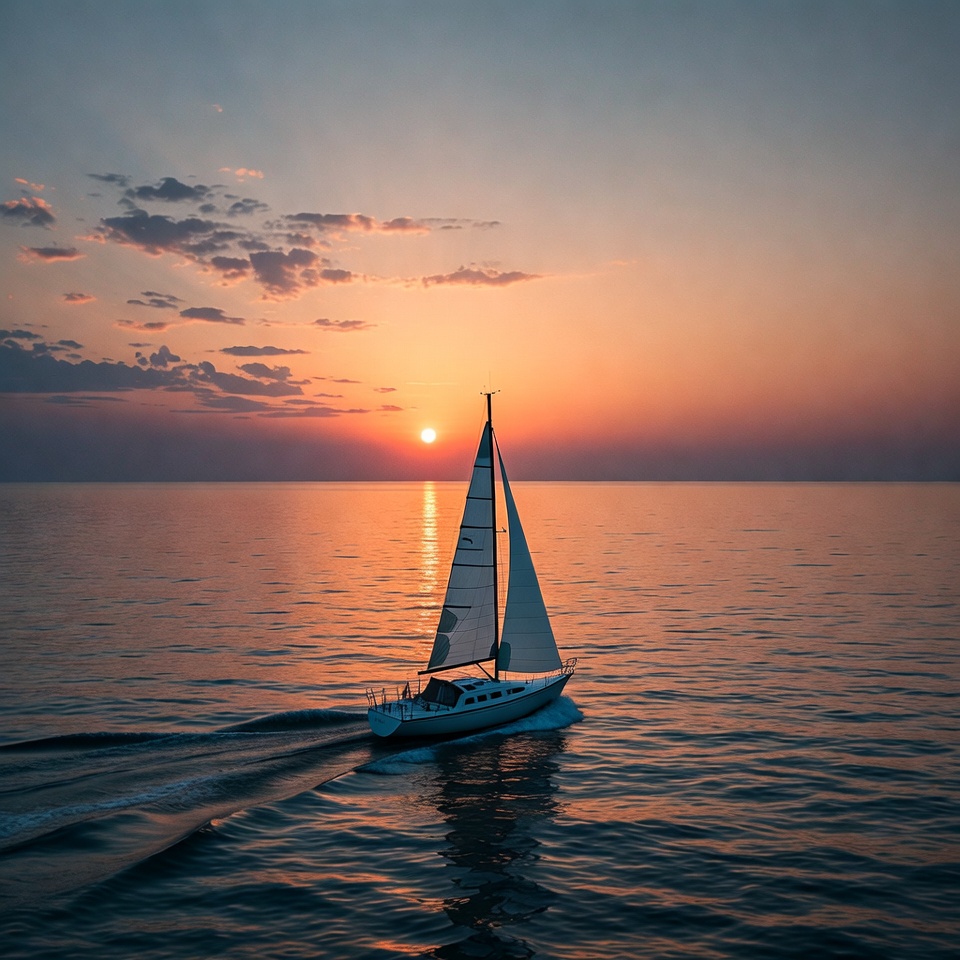 Sailboat at Sunset on Calm Ocean Sailboat at Sunset on Calm Ocean