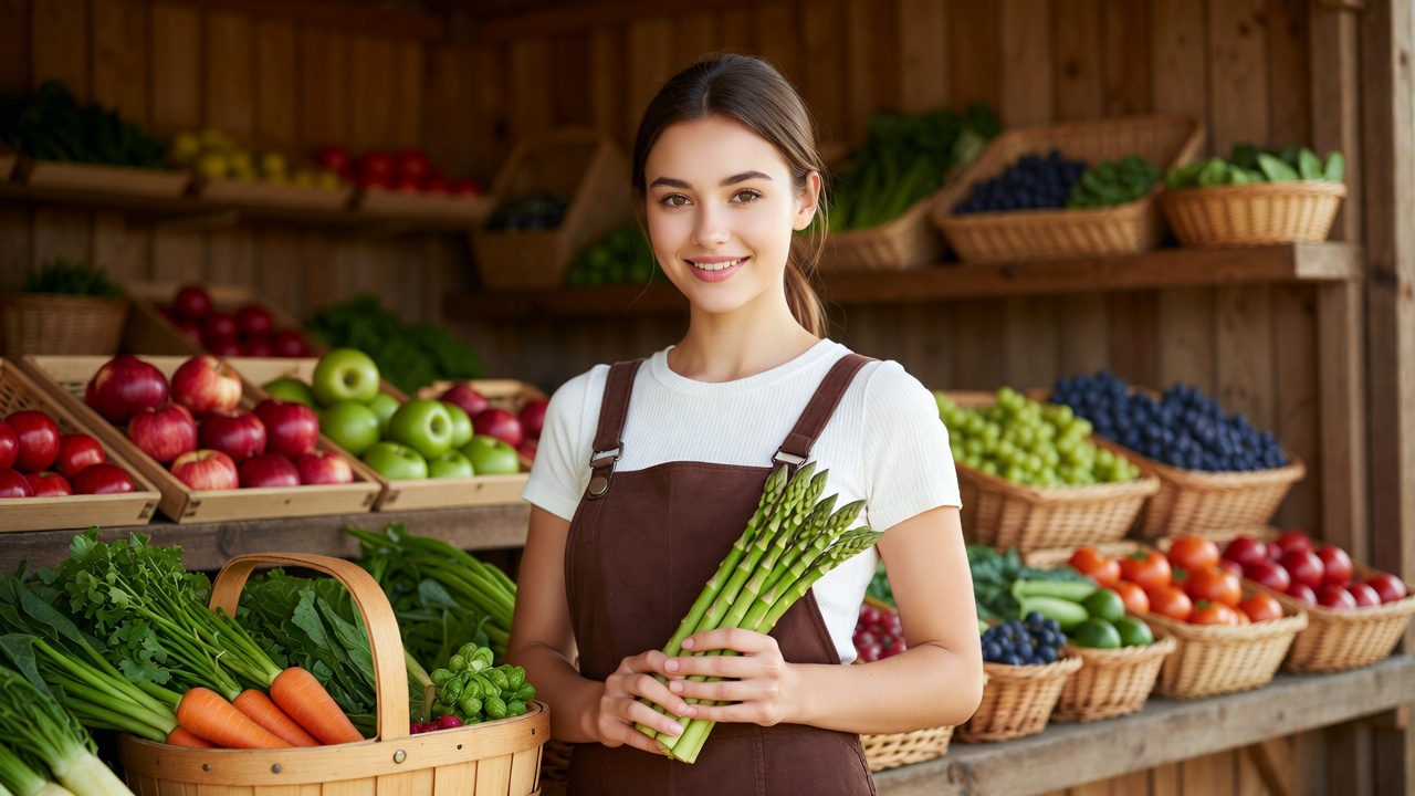 Woman holding asparagus at market Woman holding asparagus at market