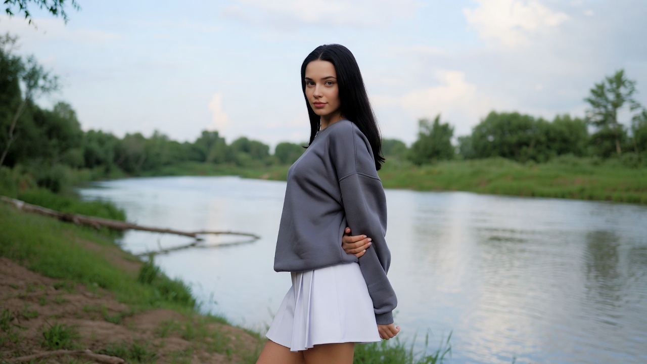 Woman in gray hoodie by river Woman in gray hoodie by river