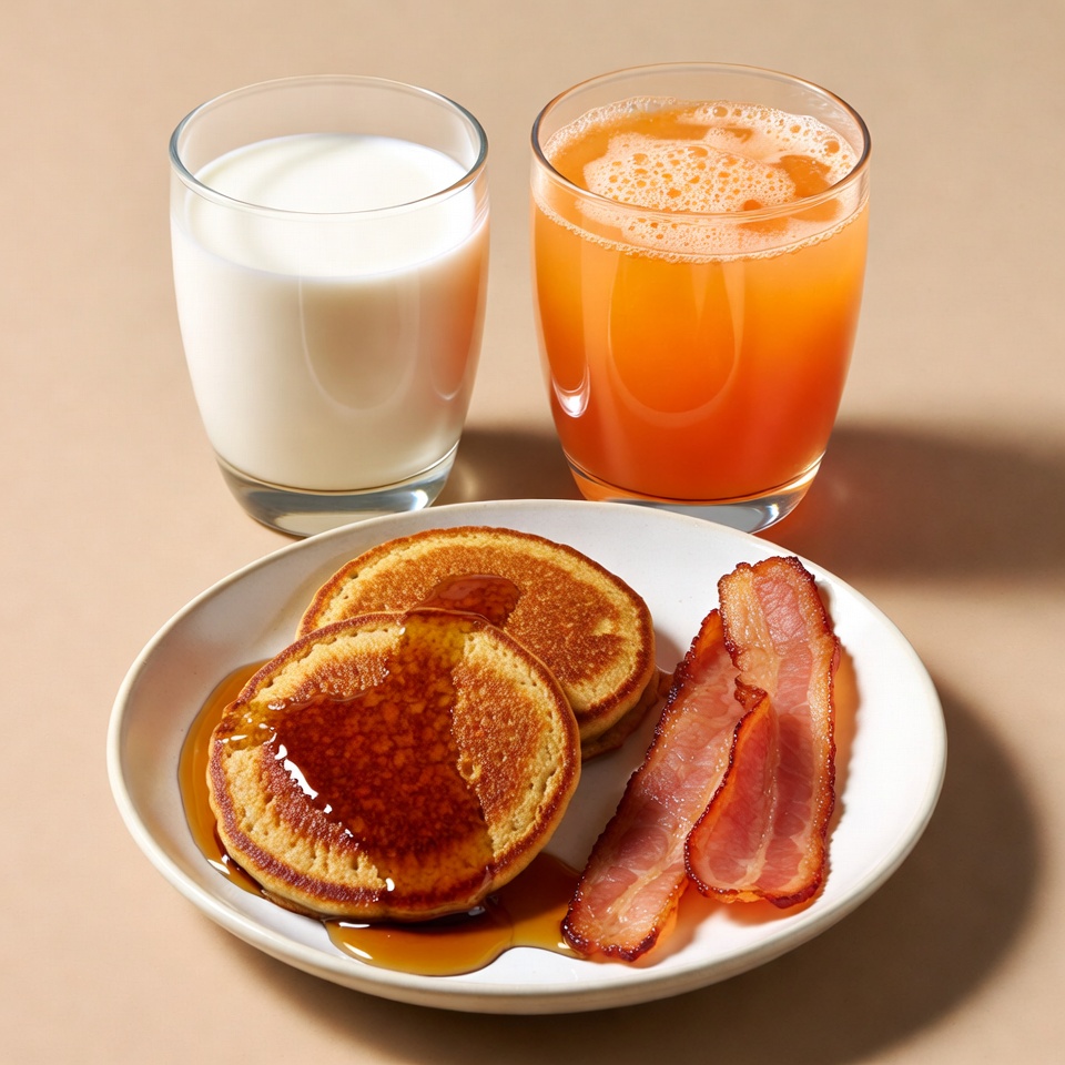 Pancakes with Bacon, Milk, Orange Juice Pancakes with Bacon, Milk, Orange Juice