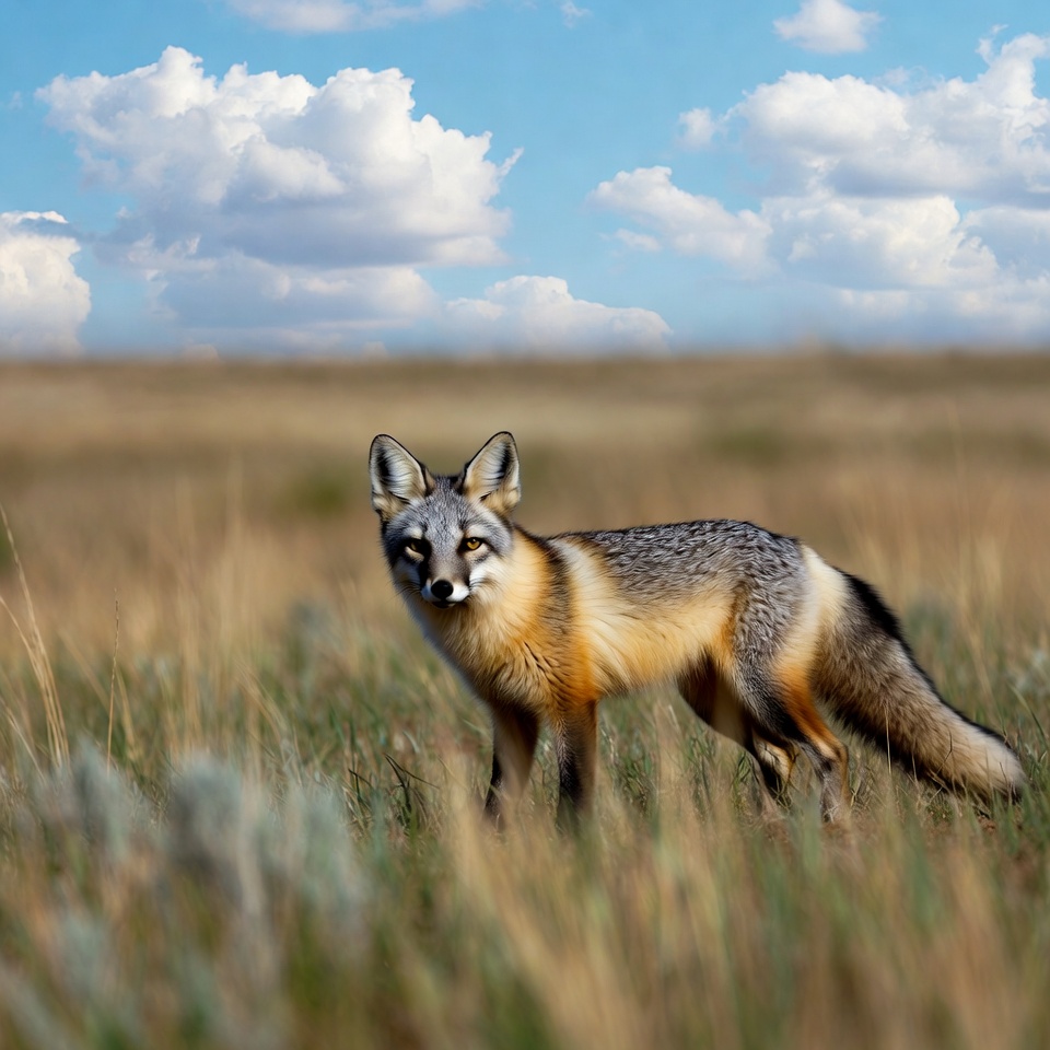 Gray Fox in Grass Field Gray Fox in Grass Field