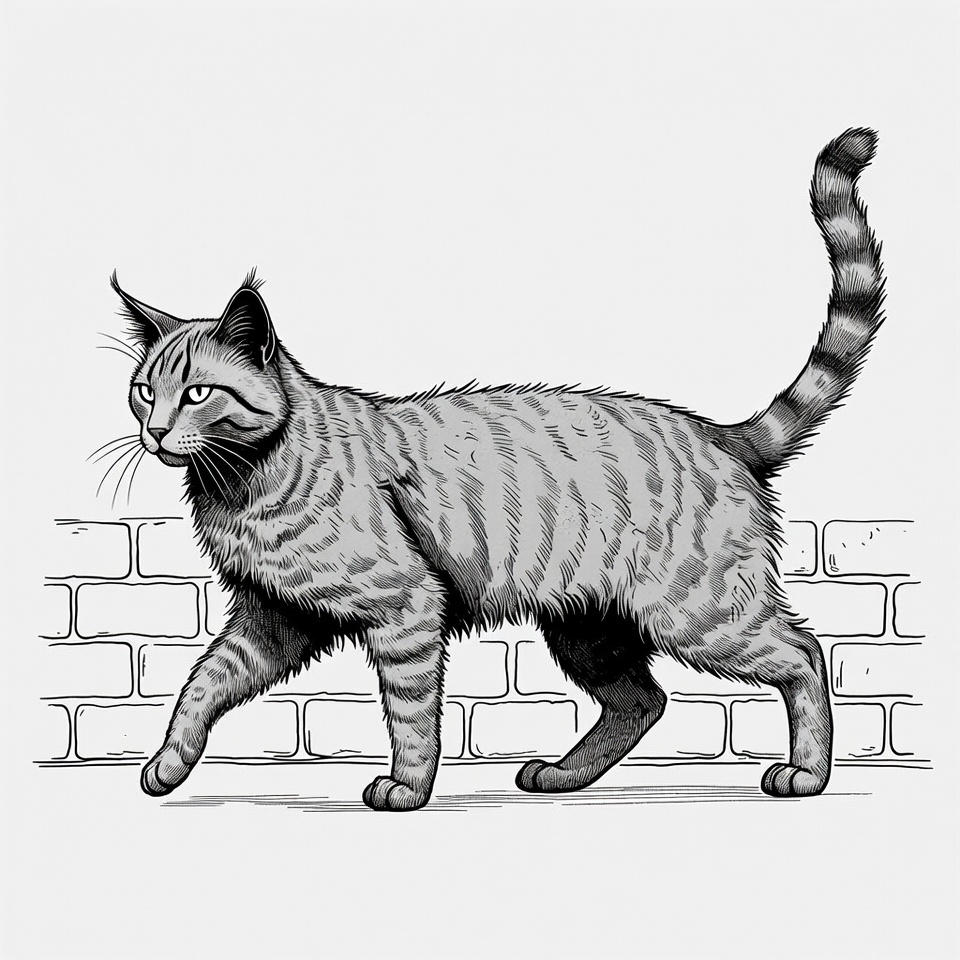 Tabby cat walking against brick wall Tabby cat walking against brick wall