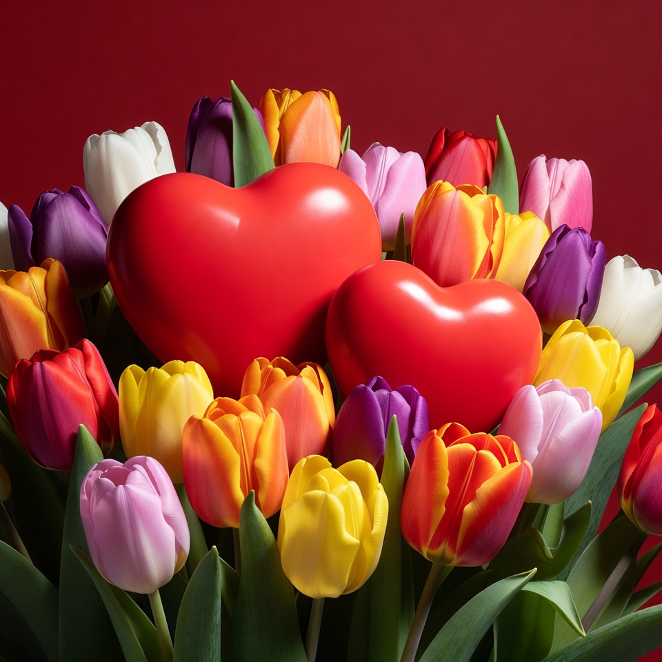 Red Hearts Surrounded by Colorful Tulips Red Hearts Surrounded by Colorful Tulips