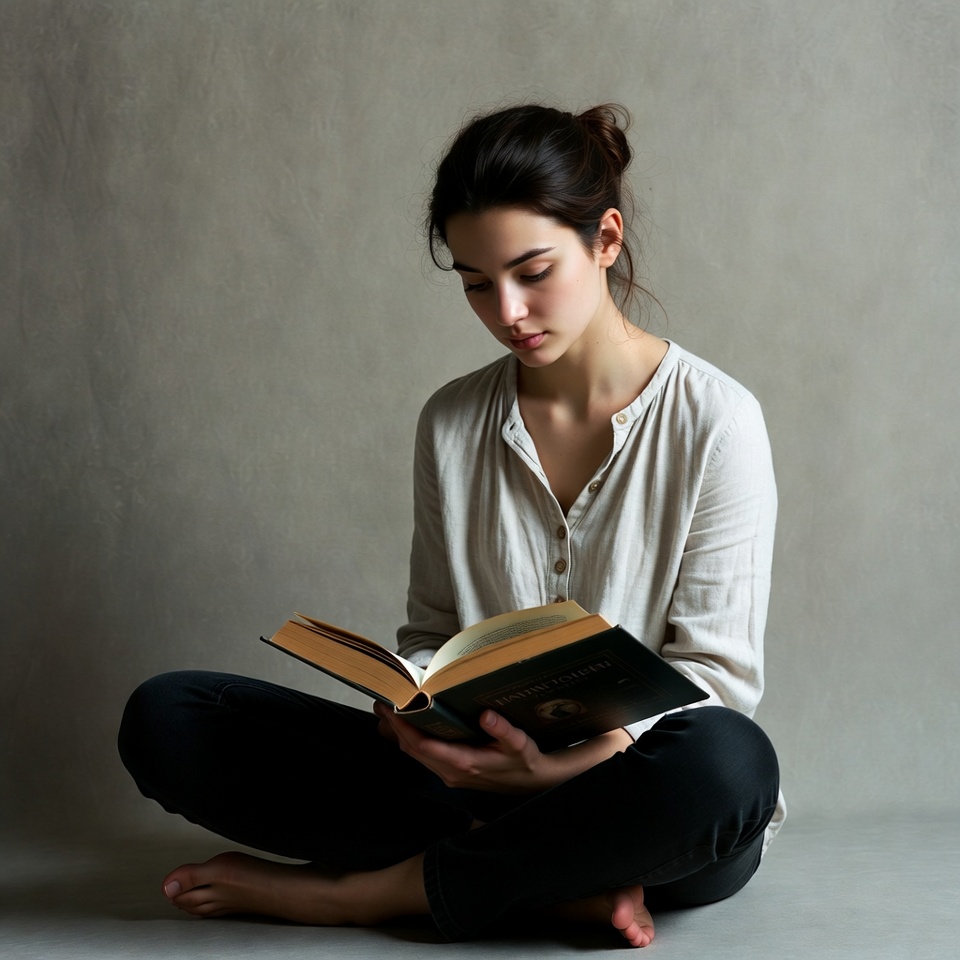 Young woman reading book cross-legged Young woman reading book cross-legged